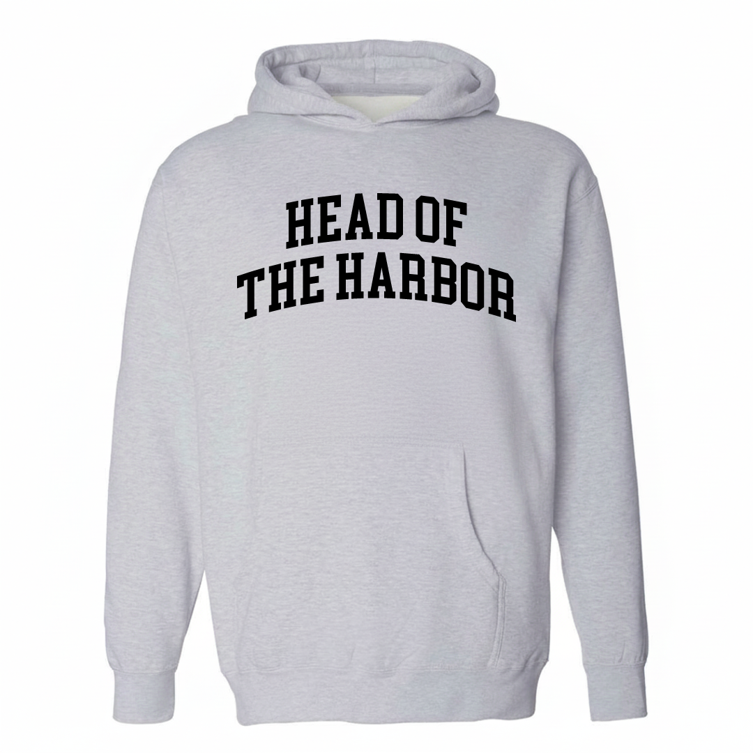 Heather-gray hoodie with the Head of the Harbor varsity arched lettering design on the chest.