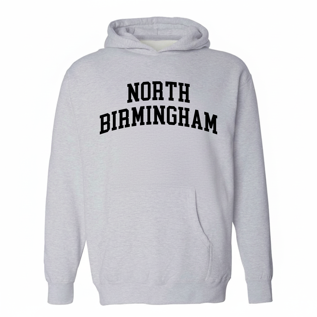 Heather-gray hoodie with the North Birmingham varsity arched lettering design on the chest.