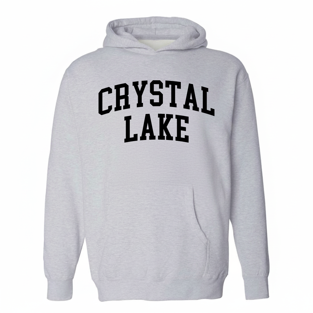 Heather-gray hoodie with the Crystal Lake varsity arched lettering design on the chest.