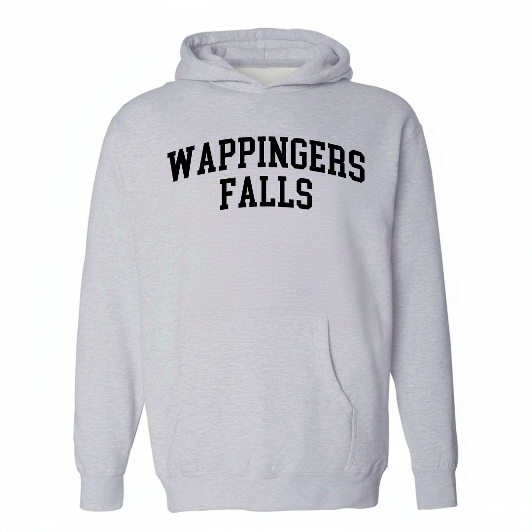 Heather-gray hoodie with the Wappingers Falls arched varsity lettering design on the chest.