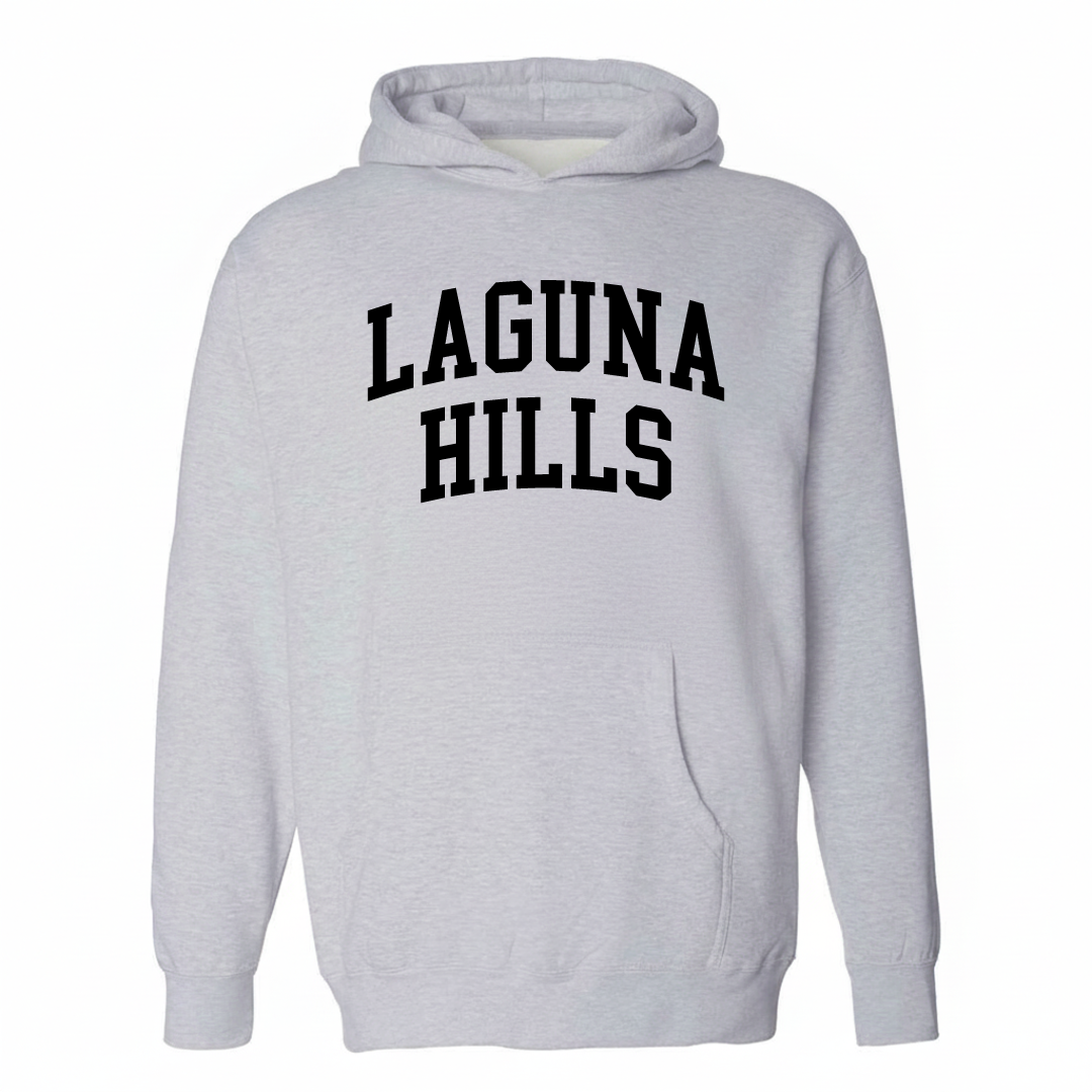 Heather-gray hoodie with the Laguna Hills varsity arched lettering design on the chest.