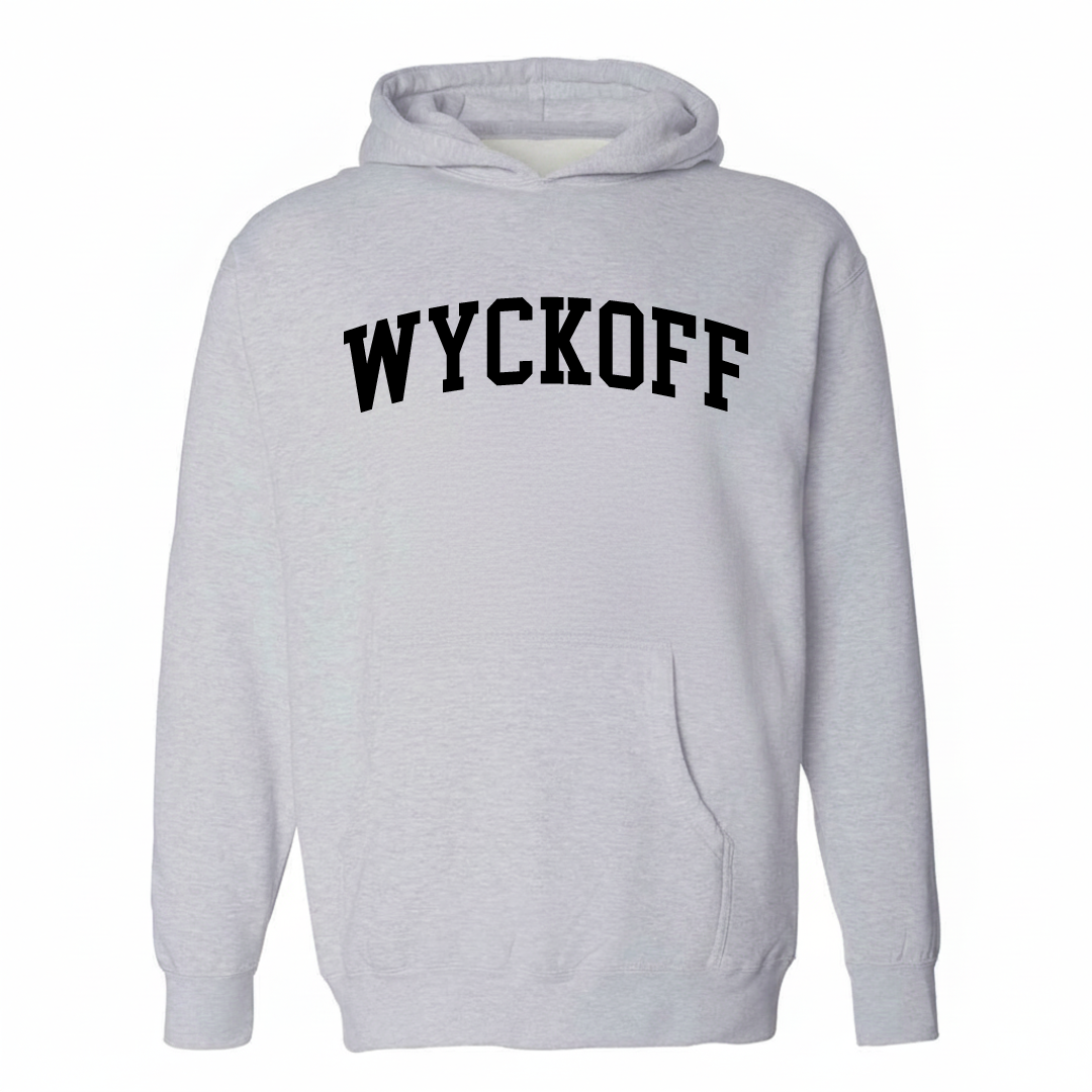 Heather-gray hoodie with the Wyckoff NJ varsity arched lettering design on the chest.