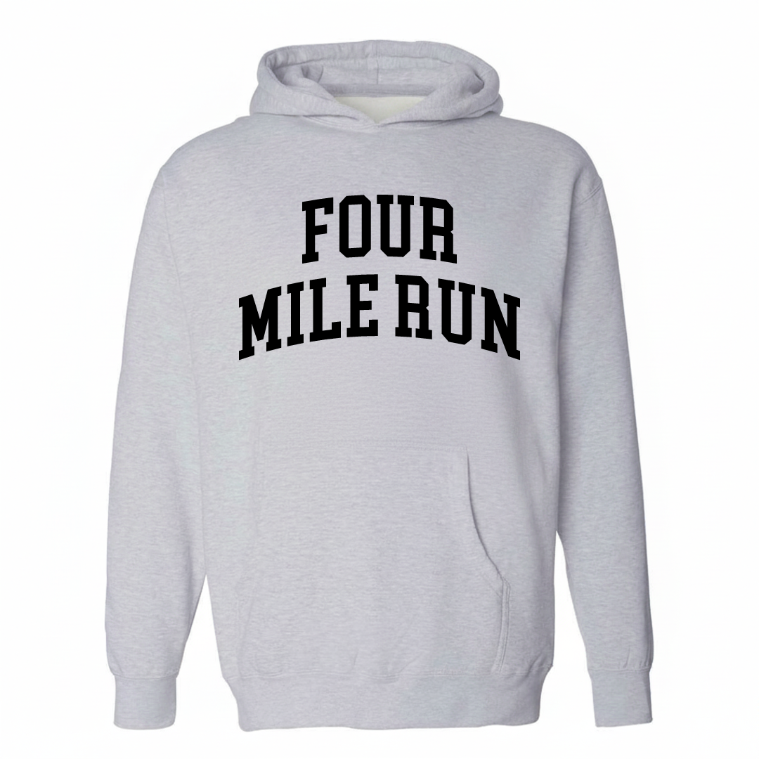 Heather-gray hoodie with the Four Mile Run arched lettering varsity-collegiate design on the chest.