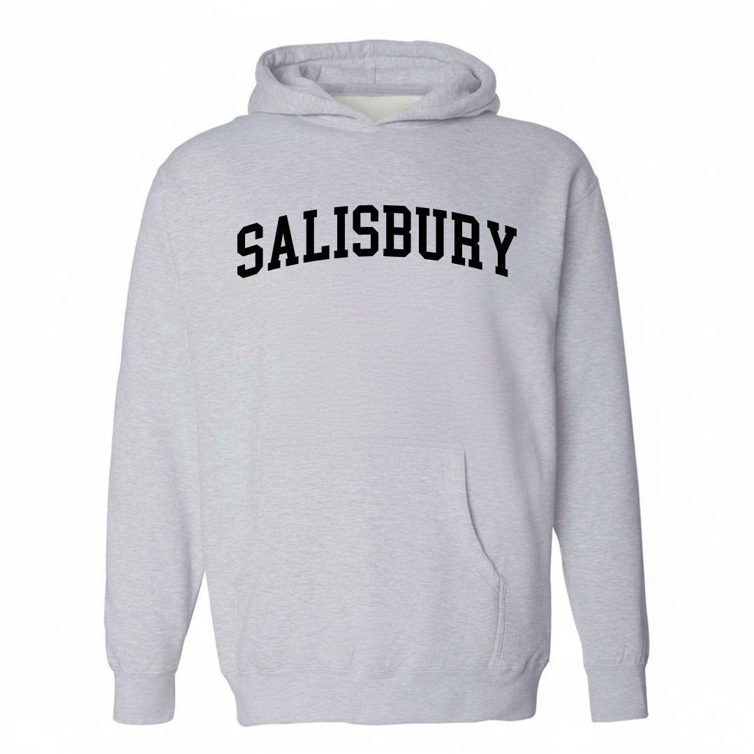 Heather-gray hoodie with the Salisbury varsity arched lettering design on the chest.
