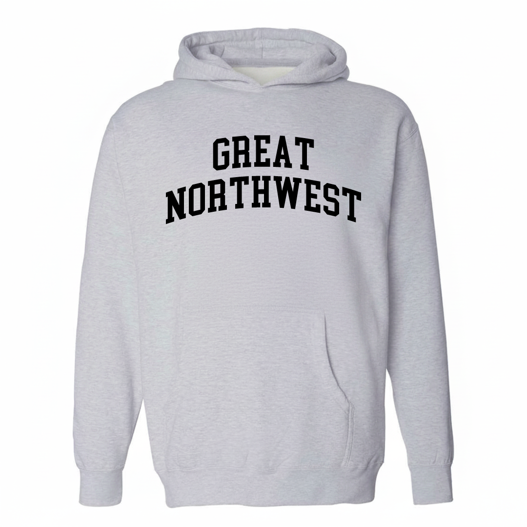 Heather-gray hoodie with the Great Northwest arched lettering design on the chest.
