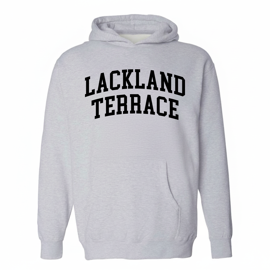 Heather-gray hoodie with the Lackland Terrace varsity arched lettering design on the chest.
