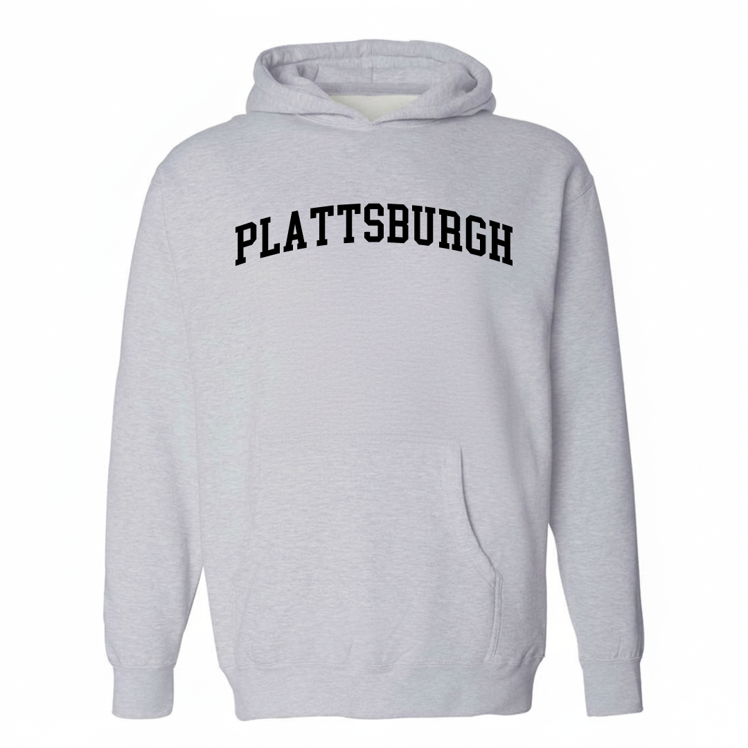 Heather-gray hoodie with the Plattsburgh arched varsity lettering design on the chest.