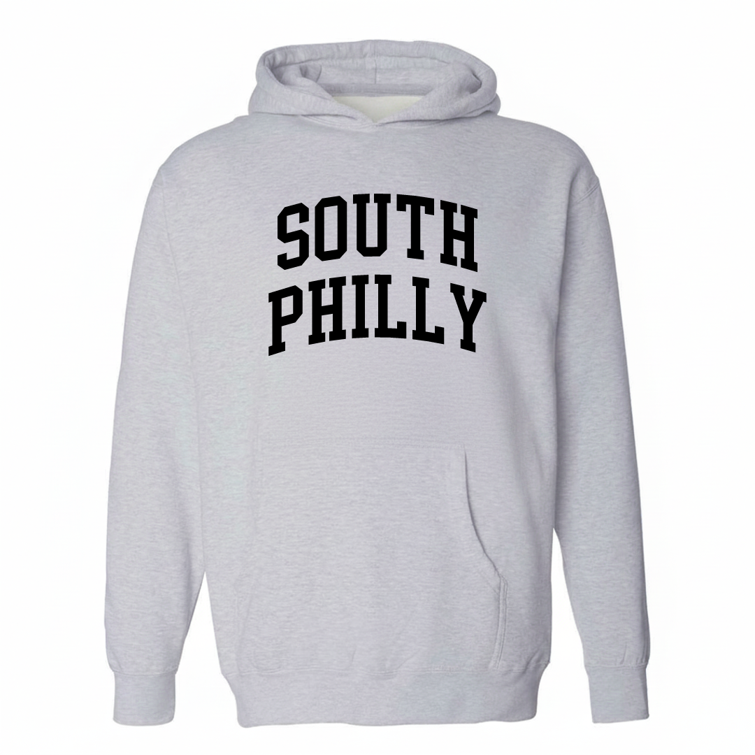 Heather-gray hoodie with the South Philly varsity arched lettering design on the chest.