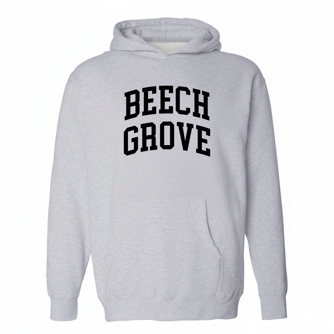 Heather-gray hoodie with the Beech Grove varsity arched lettering design on the chest.