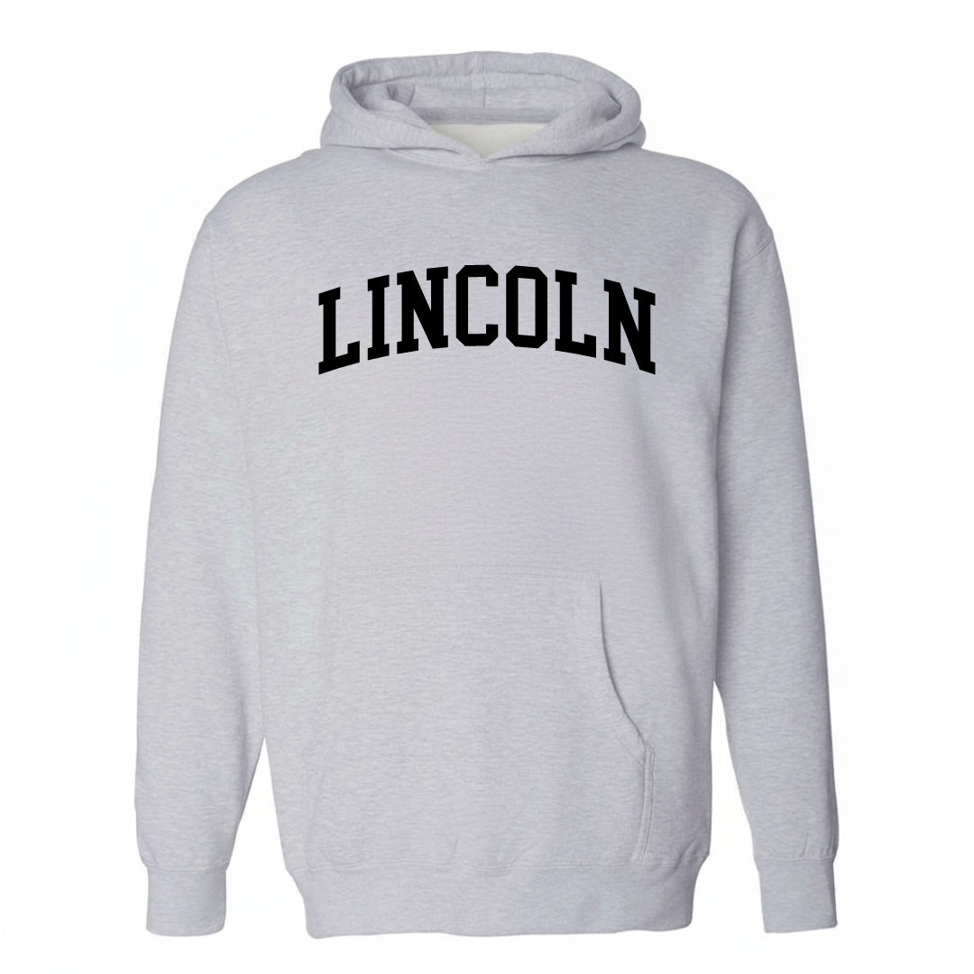 Heather-gray hoodie with the Lincoln varsity arched lettering design on the chest.