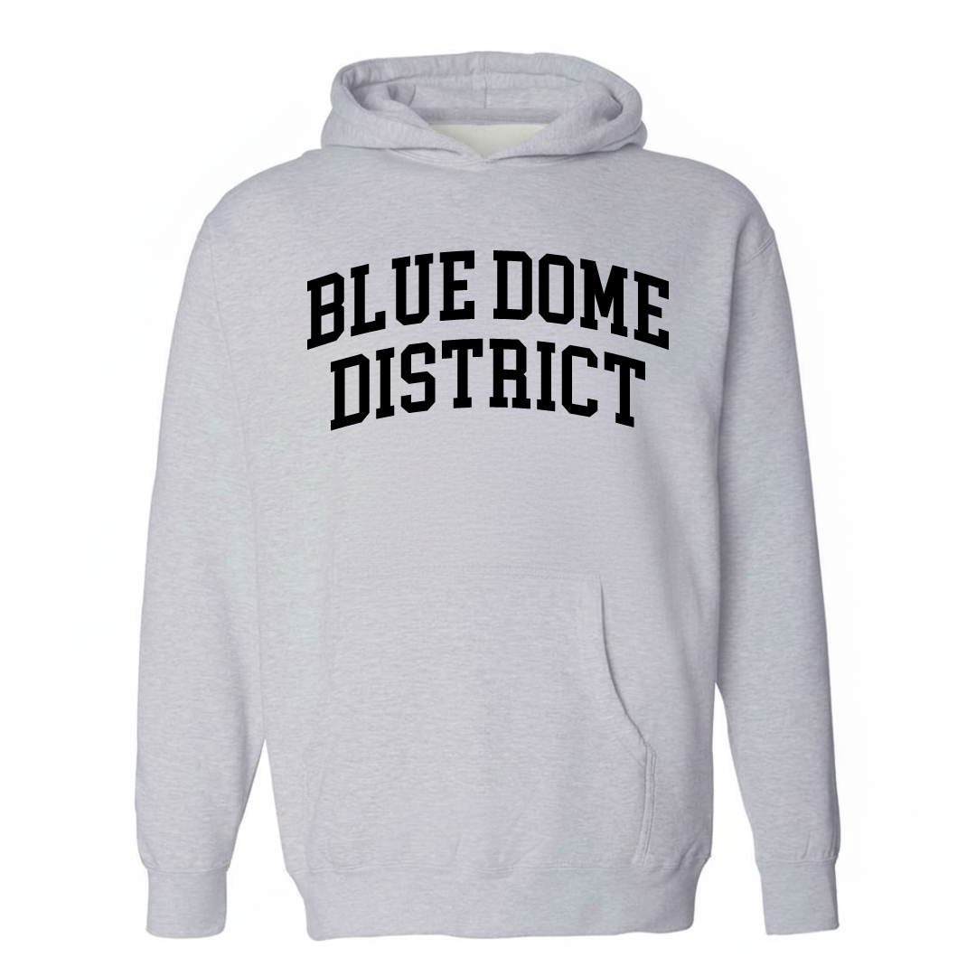 Heather-gray hoodie with the Blue Dome District varsity arched lettering design on the chest.