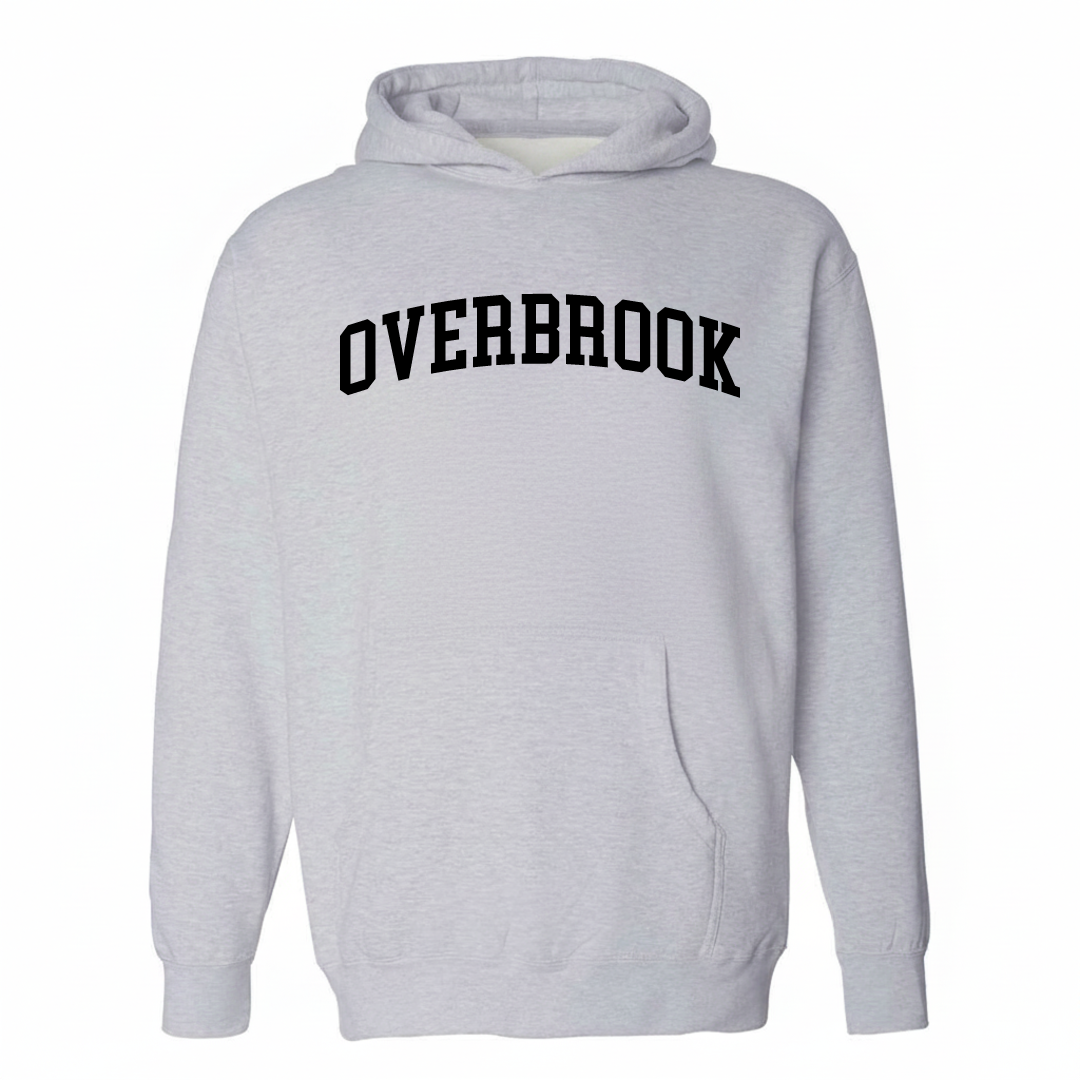Heather-gray hoodie with the Overbrook varsity arched lettering design on the chest.