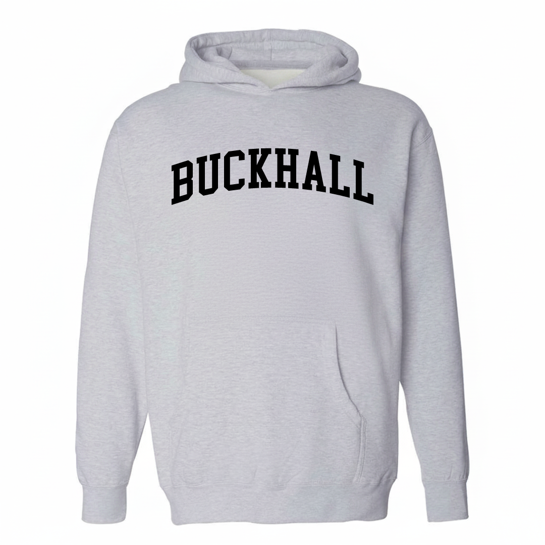Heather-gray hoodie with the Buckhall varsity arched lettering design on the chest.