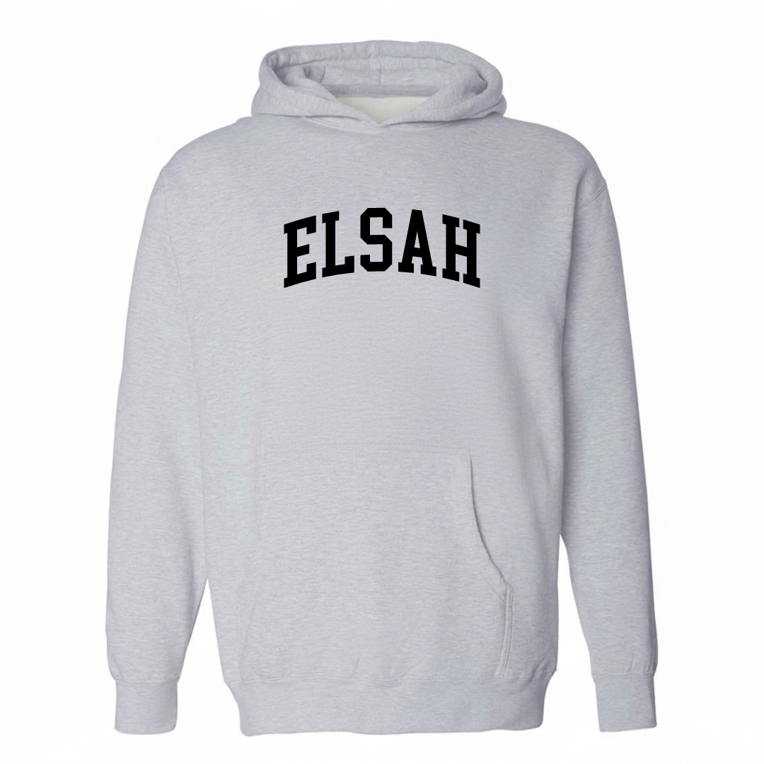 Heather-gray hoodie with the Elsah varsity arched lettering design on the chest.