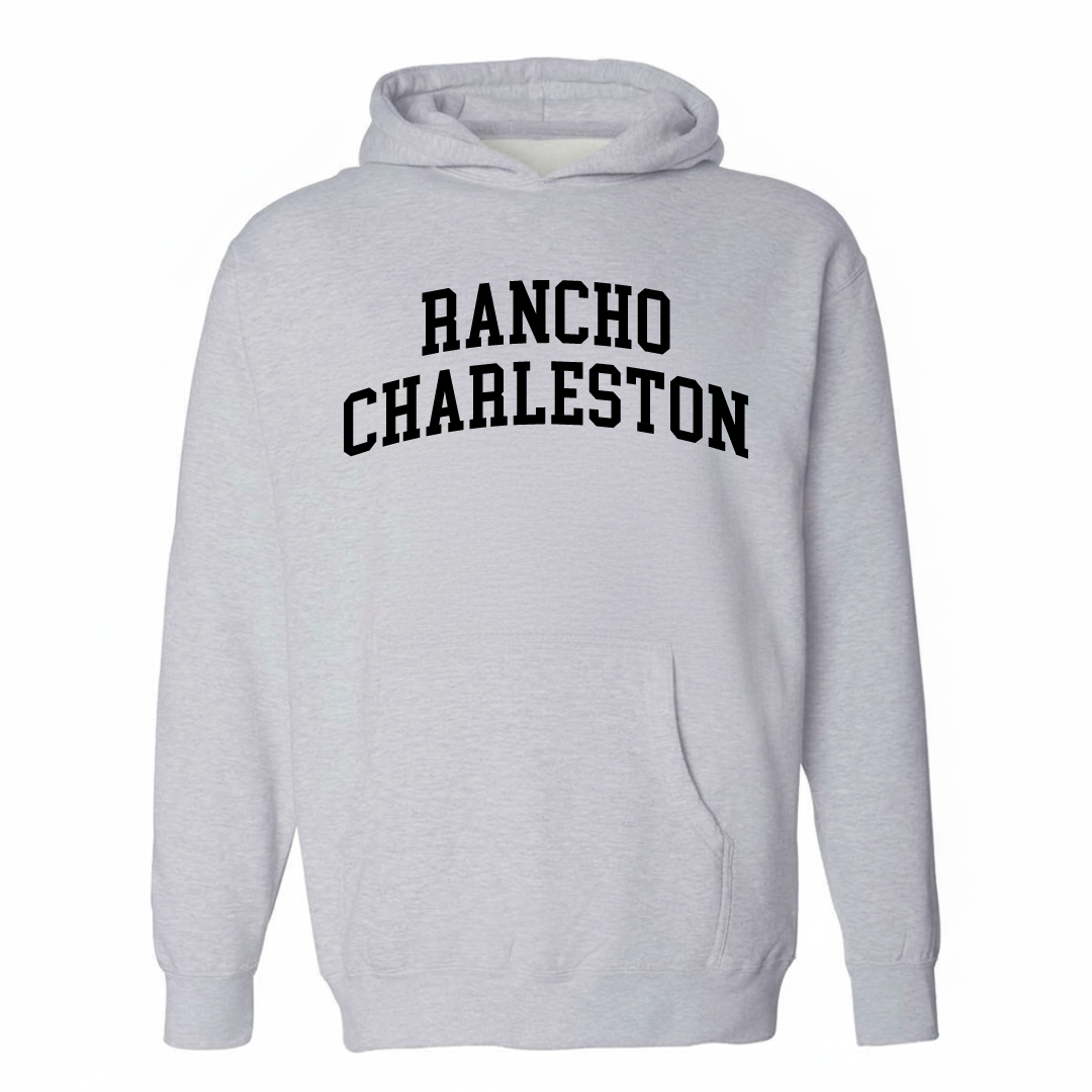 Heather-gray hoodie with the Rancho Charleston varsity arched lettering design on the chest.