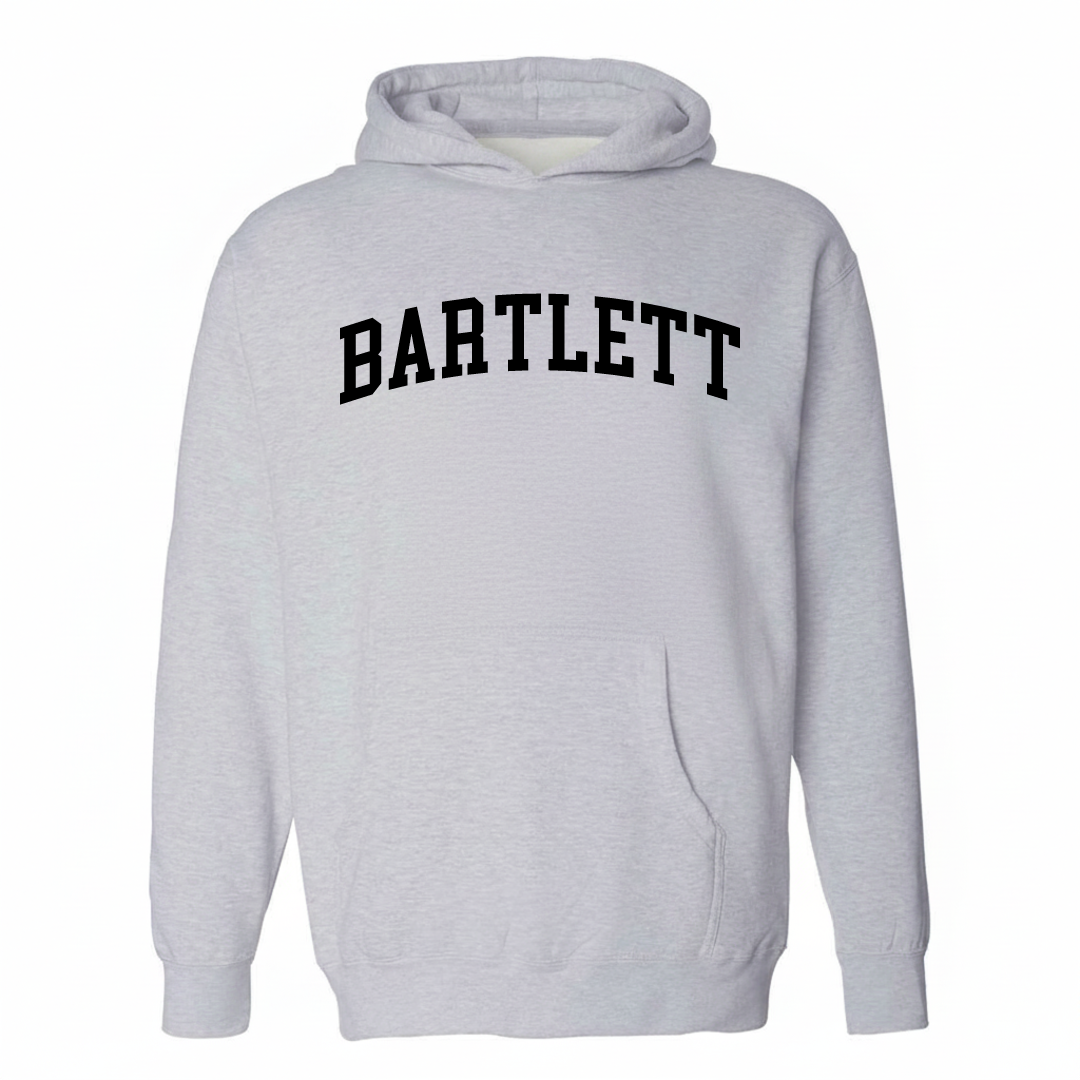 Heather-gray hoodie with the Bartlett varsity arched lettering design on the chest.