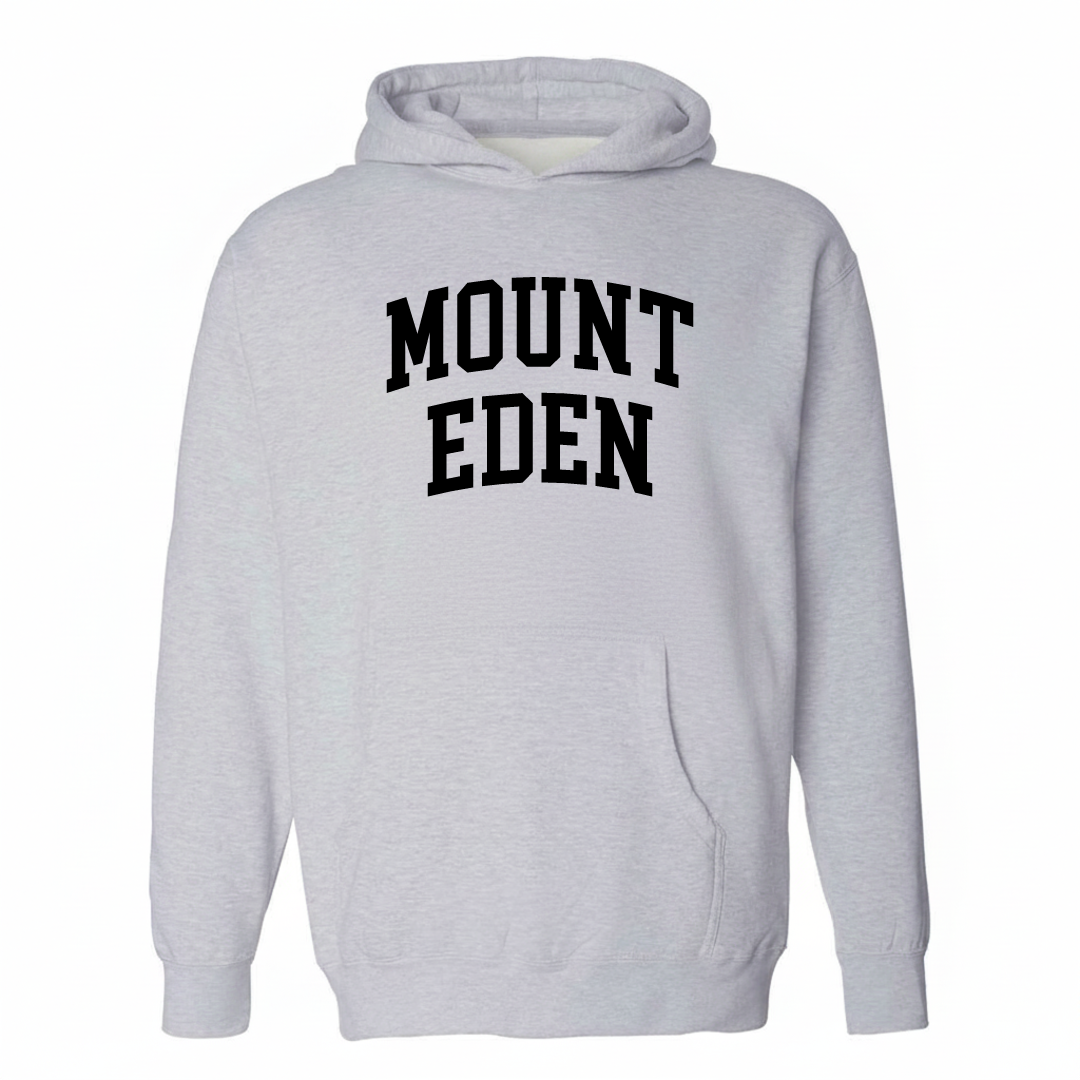 Heather-gray hoodie with the Mount Eden arched varsity lettering design on the chest.