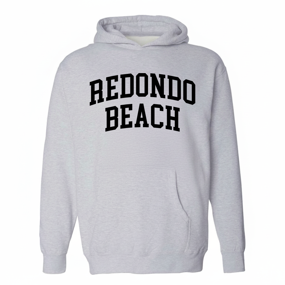 Heather-gray hoodie with the Redondo Beach varsity arched lettering design on the chest.