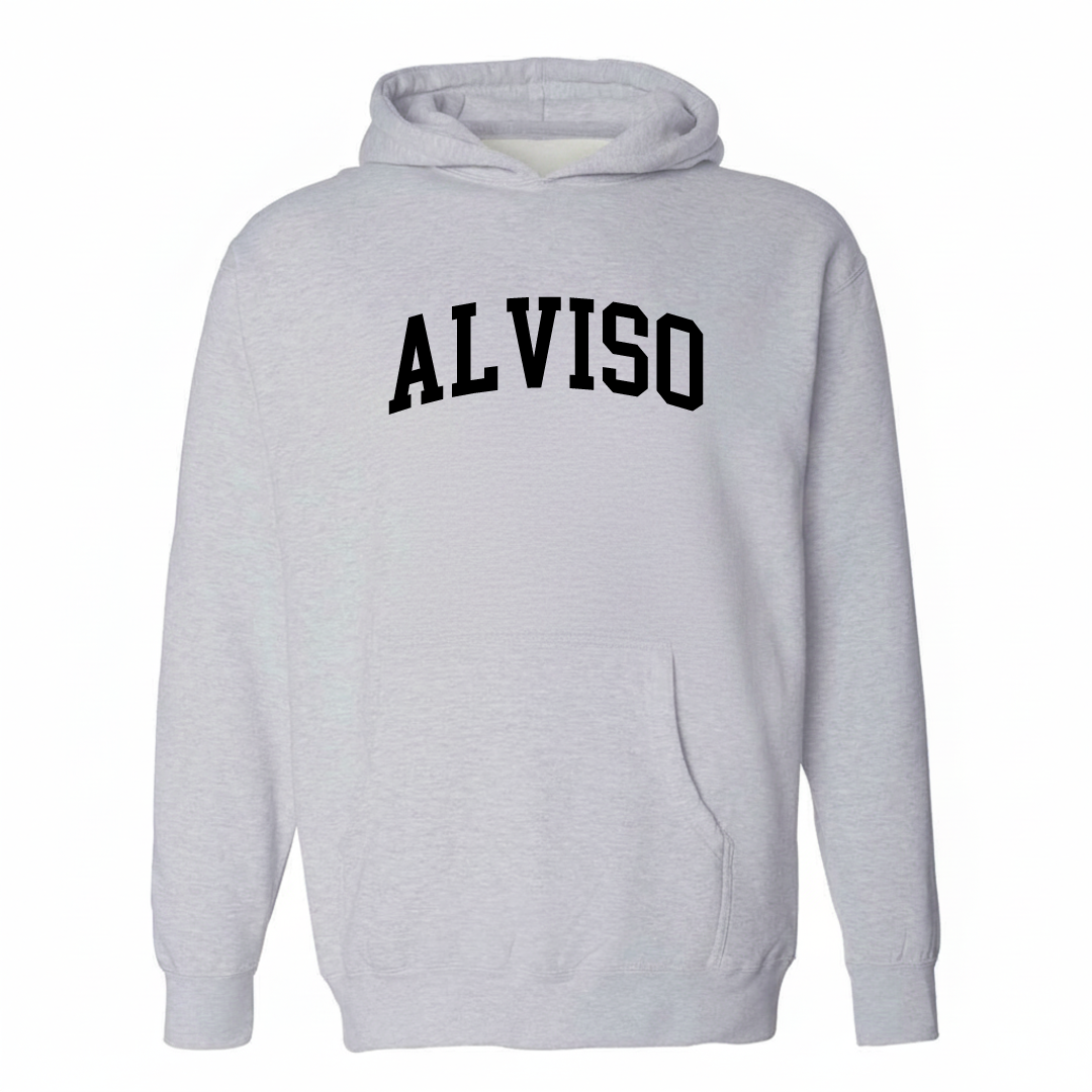 Heather-gray hoodie with the Alviso varsity arched lettering design on the chest.