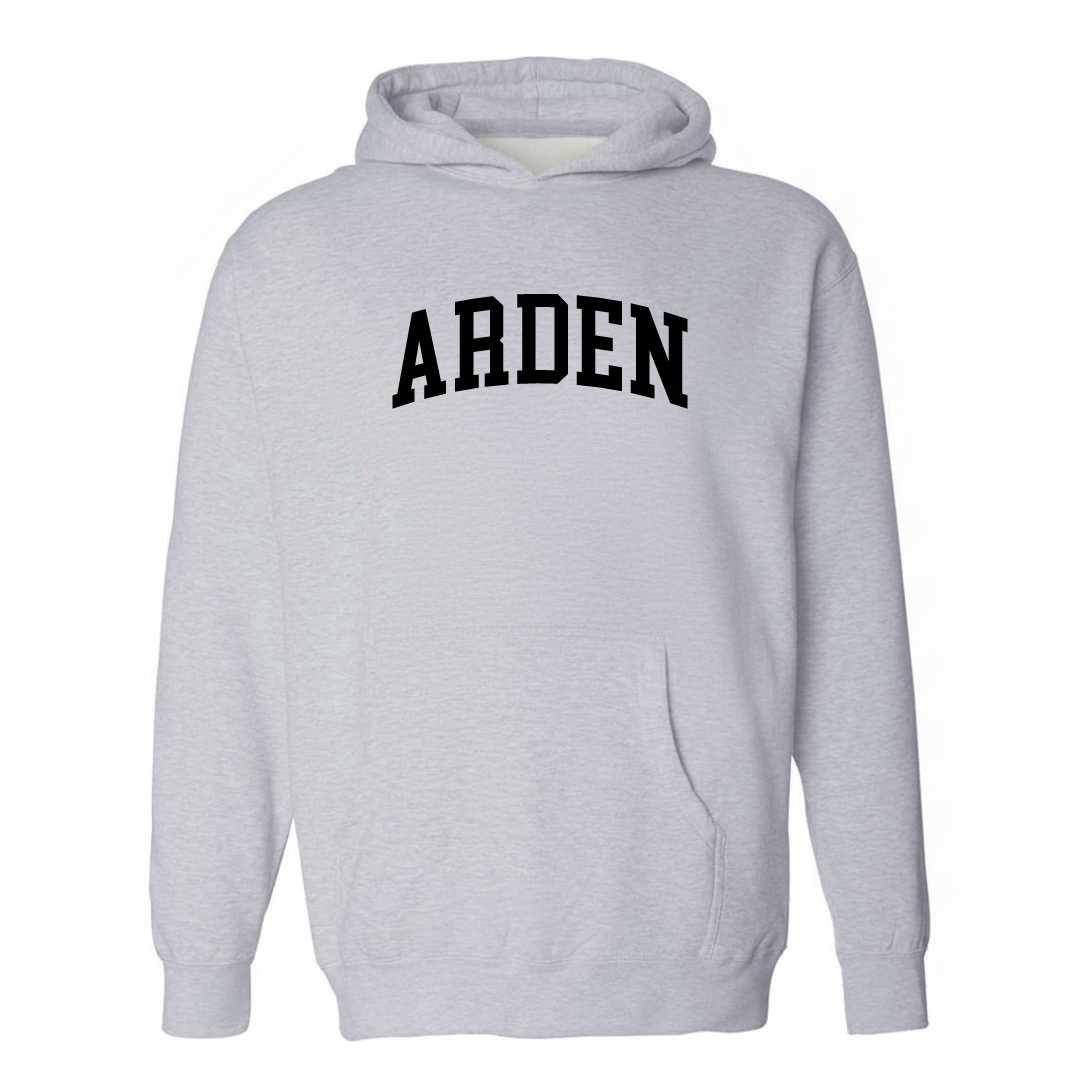 Heather-gray hoodie with the Arden arched varsity lettering design on the chest.