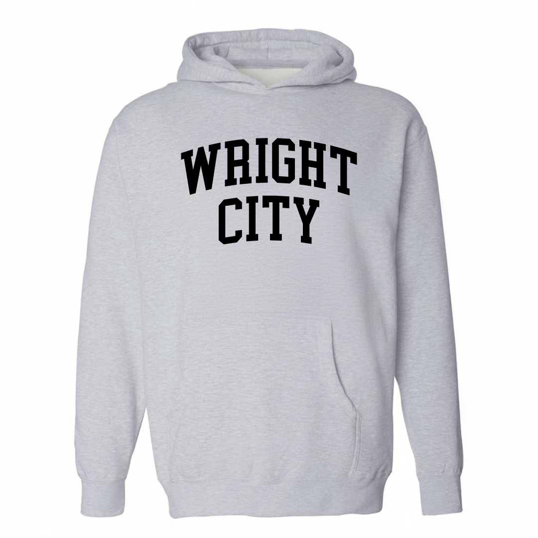 Heather-gray hoodie with the Wright City varsity arched lettering design on the chest.