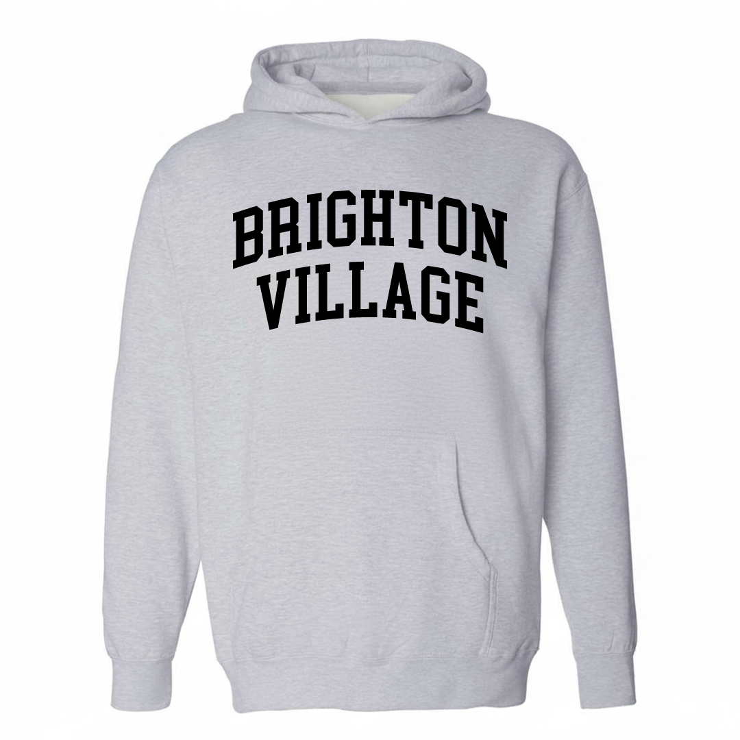 Heather-gray hoodie with the Brighton Village arched lettering design on the chest.