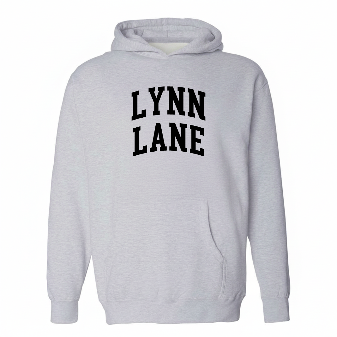 Heather-gray hoodie with the Lynn Lane varsity arched lettering design on the chest.