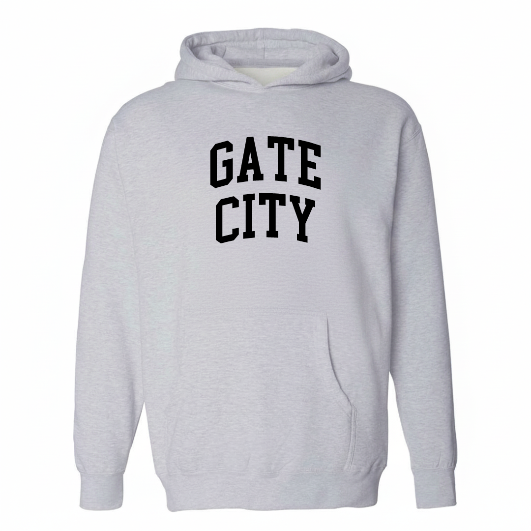 Heather-gray hoodie with the Gate City arched varsity lettering design on the chest.