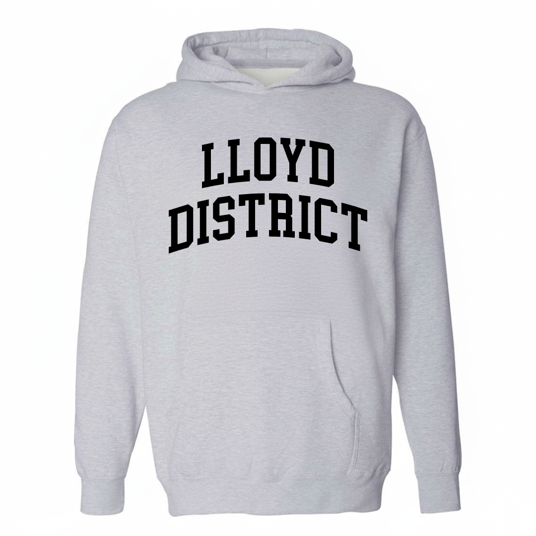 Heather-gray hoodie with the Lloyd District varsity arched lettering design on the chest.