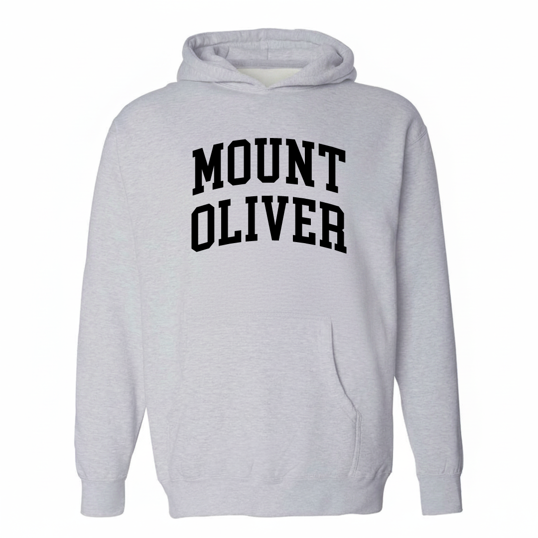 Heather-gray hoodie with the Mount Oliver varsity arched lettering design on the chest.