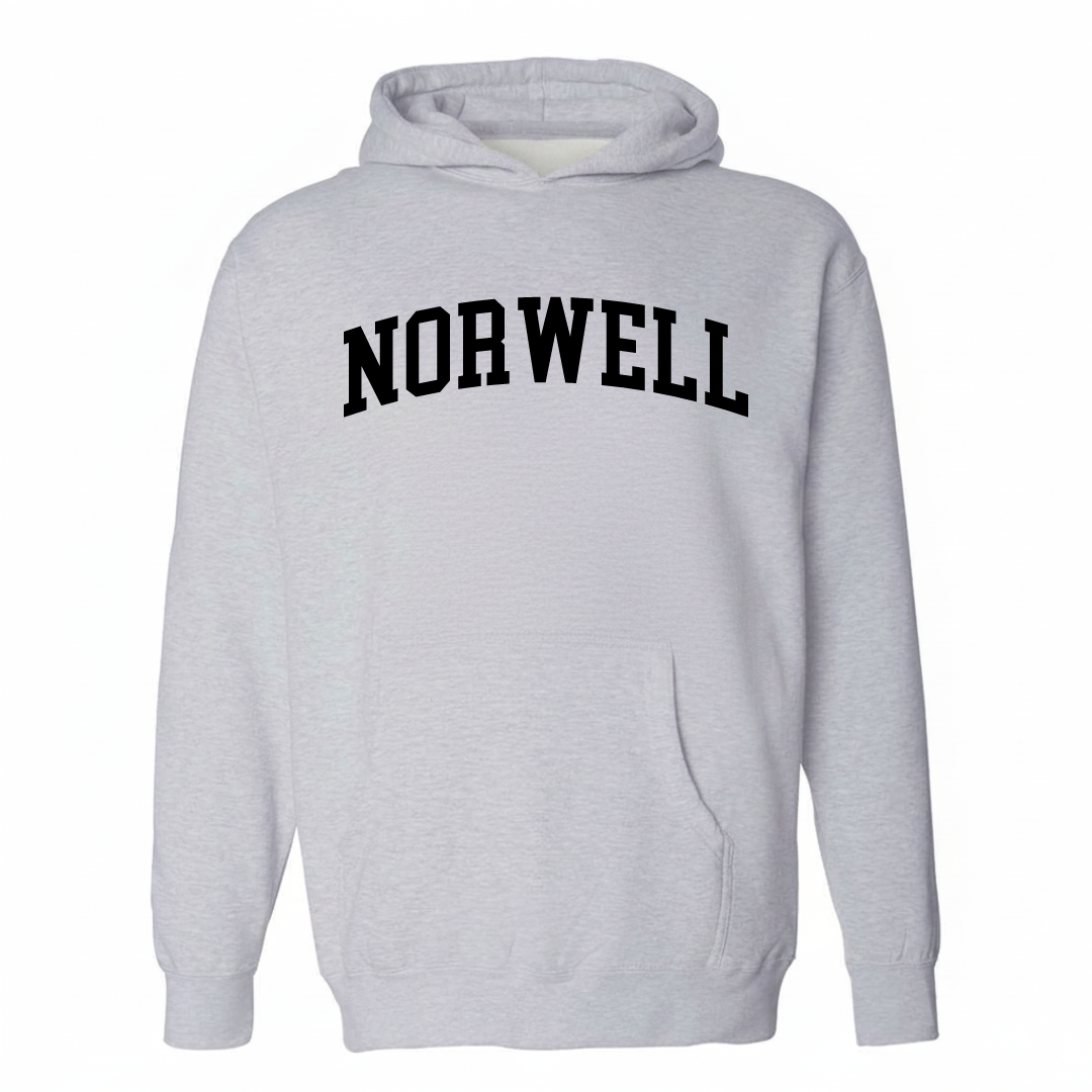 Heather-gray hoodie with the Norwell varsity arched lettering design on the chest.