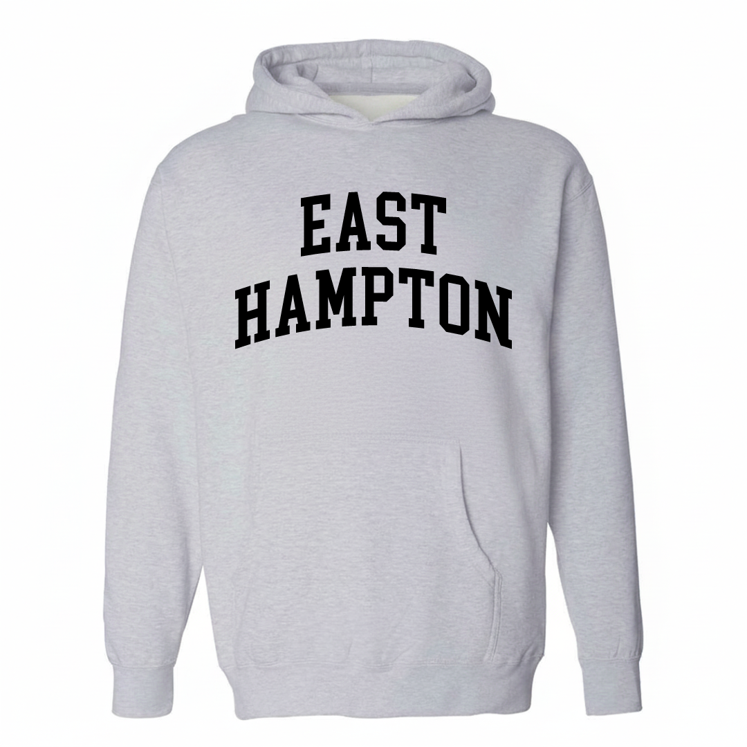 Heather-gray hoodie with the East Hampton Belltown varsity arched lettering design on the chest.