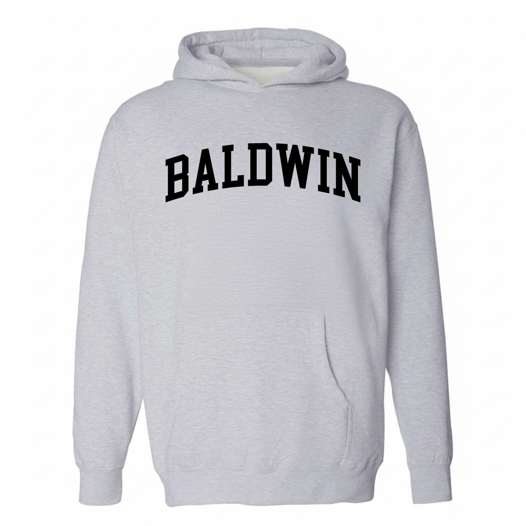 Heather-gray hoodie with the Baldwin arched lettering varsity-collegiate design on the chest.