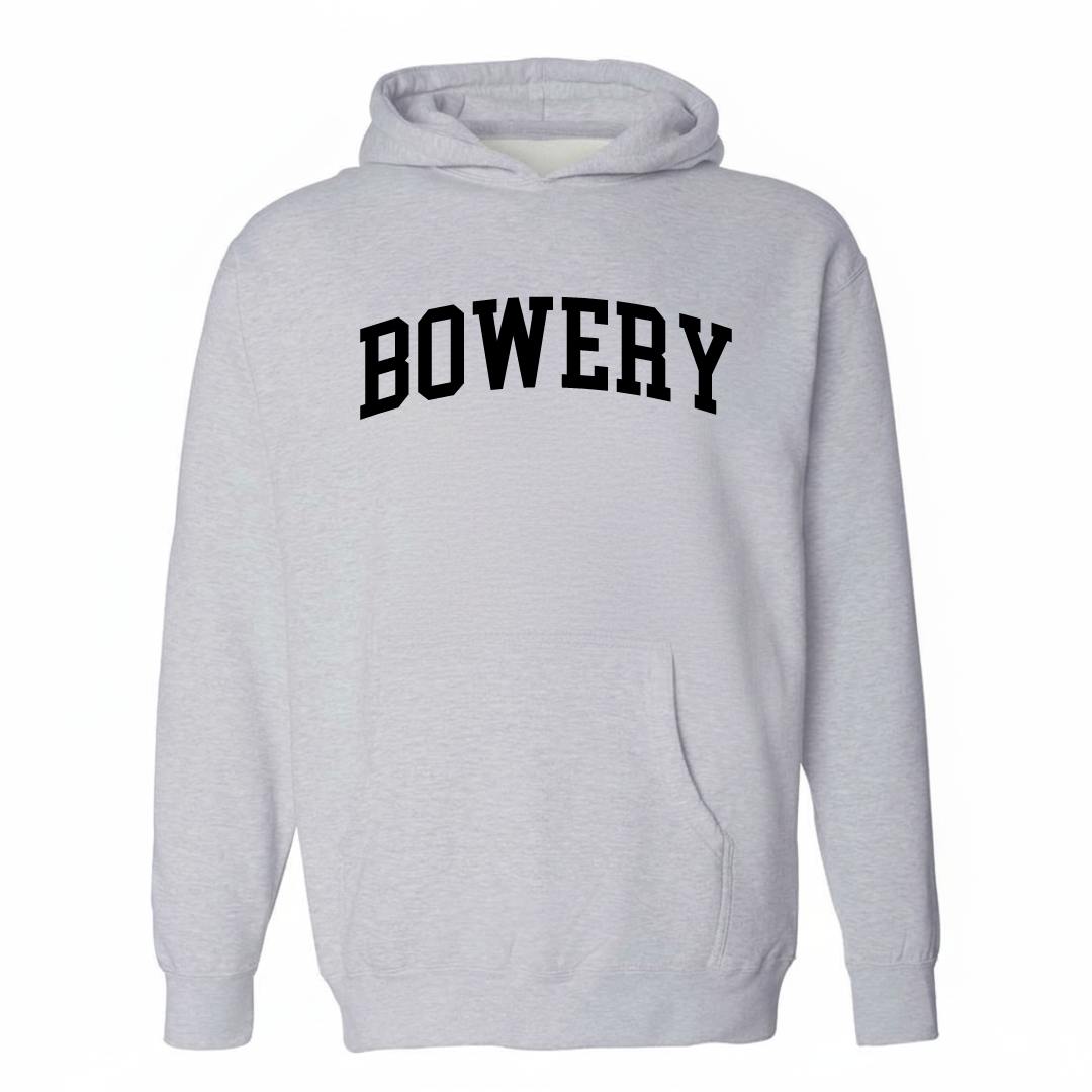 Heather-gray hoodie with the Bowery varsity arched lettering design on the chest.