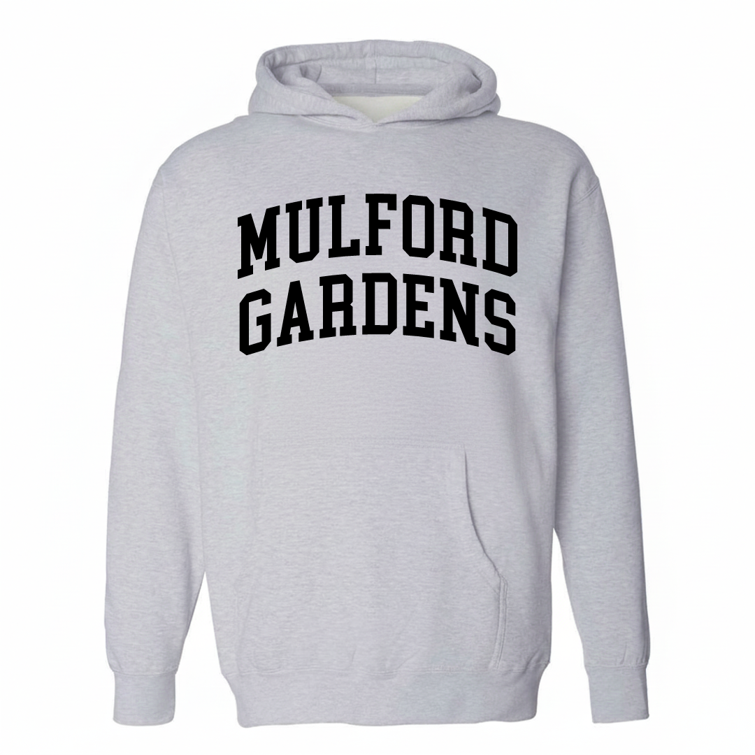 Heather-gray hoodie with the Mulford Gardens varsity arched lettering design on the chest.