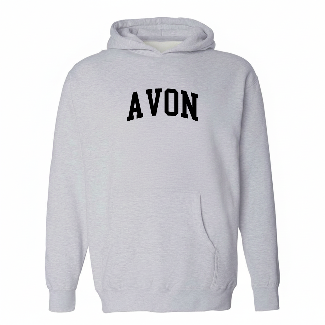 Heather-gray hoodie with the Avon arched lettering varsity-collegiate design on the chest.