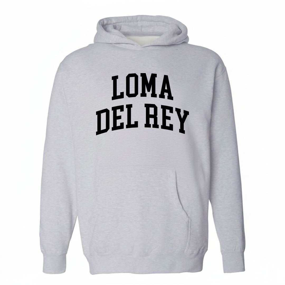 Heather-gray hoodie with the Loma Del Rey varsity arched lettering design on the chest.