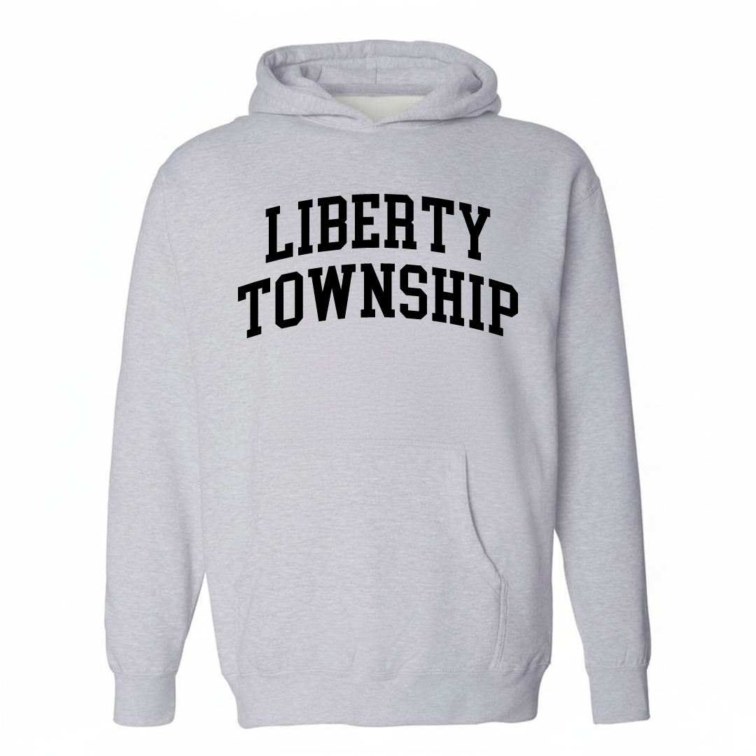 Heather-gray hoodie with the Liberty Township varsity arched lettering design on the chest.