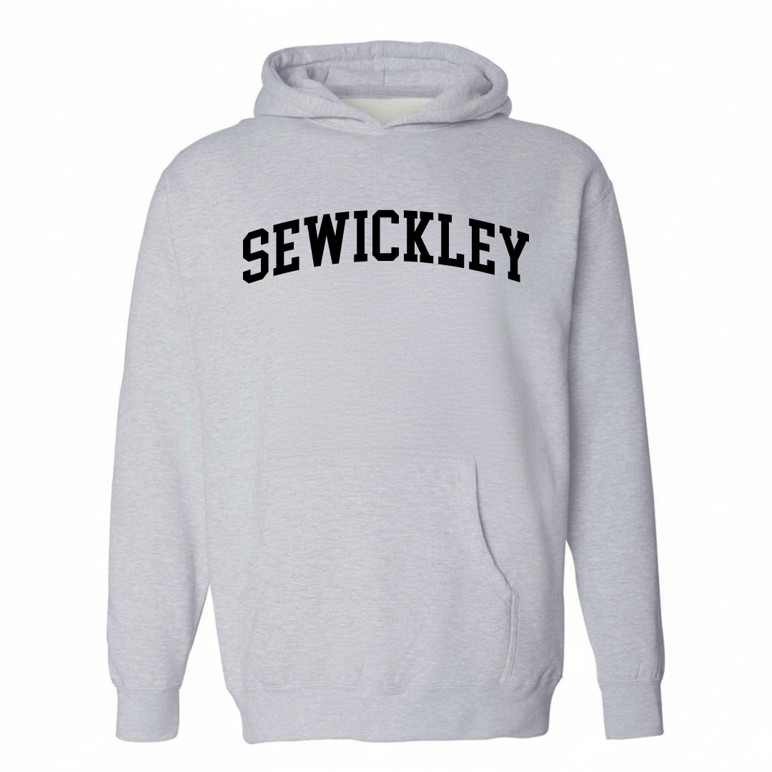 Heather-gray hoodie with the Sewickley varsity arched lettering design on the chest.