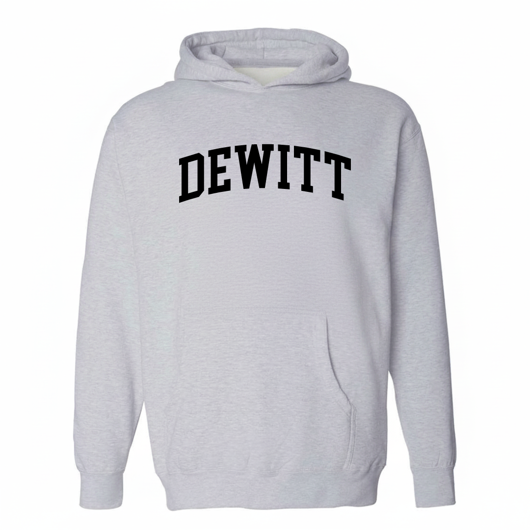Heather-gray hoodie with the DeWitt varsity arched lettering design on the chest.