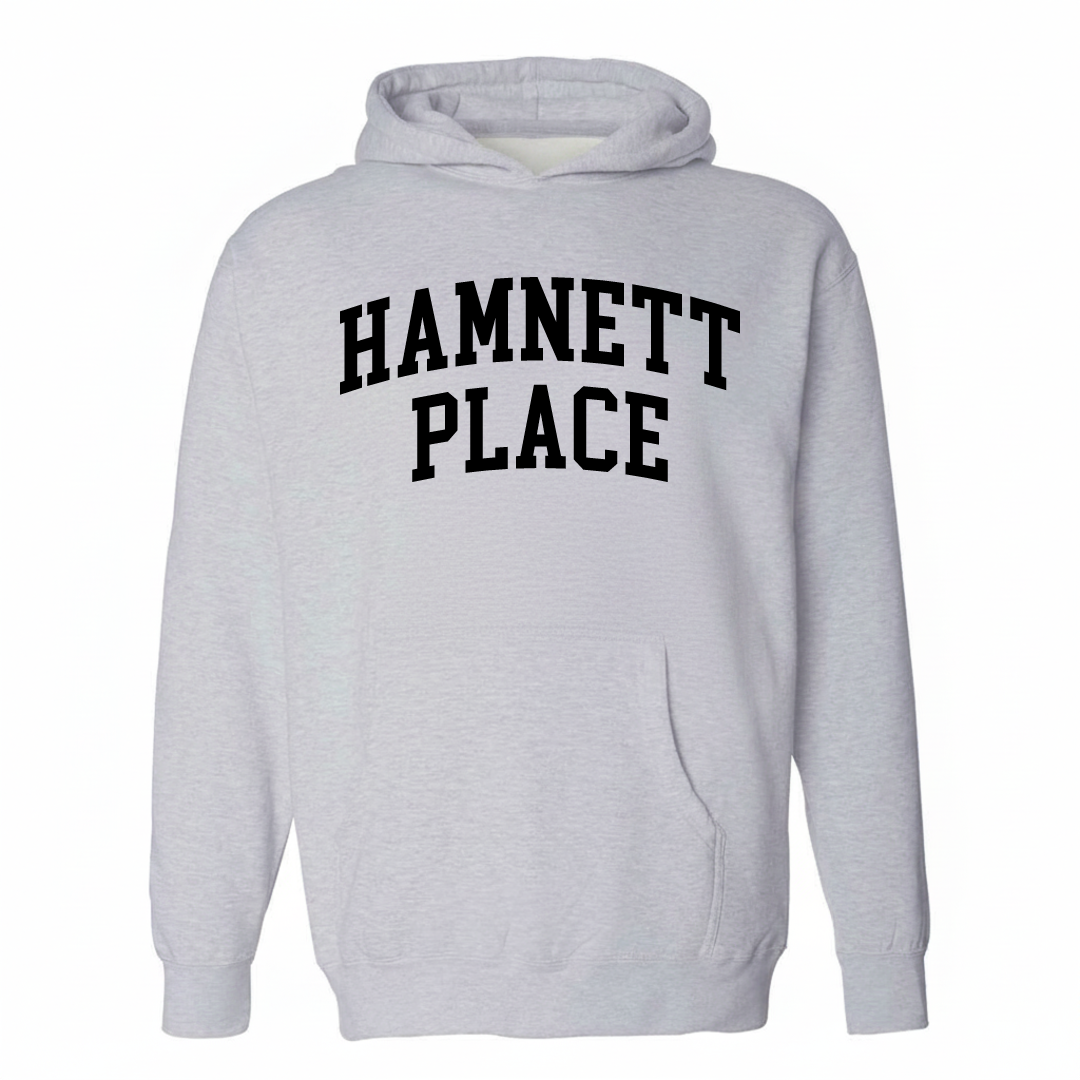 Heather-gray hoodie with the Hamnett Place varsity arched lettering design on the chest.