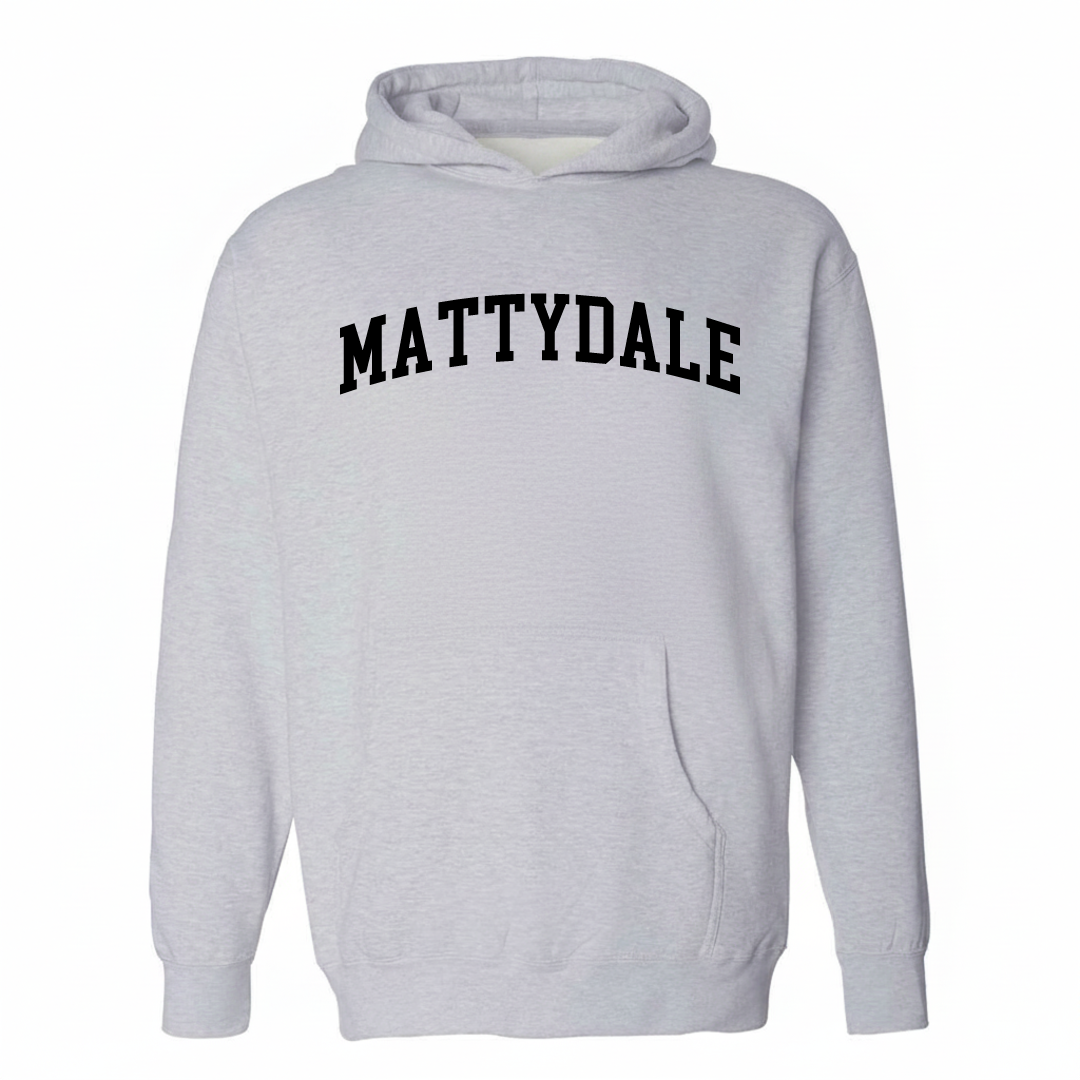 Heather-gray hoodie with the Mattydale varsity arched lettering design on the chest.
