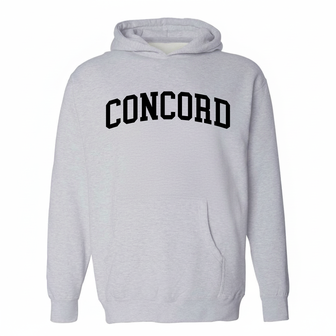 Heather-gray hoodie with the Concord NC arched lettering design on the chest.
