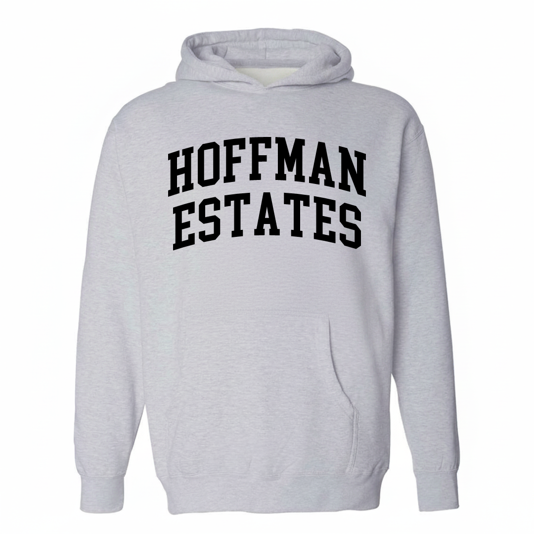 Heather-gray hoodie with the Hoffman Estates varsity arched lettering design on the chest.
