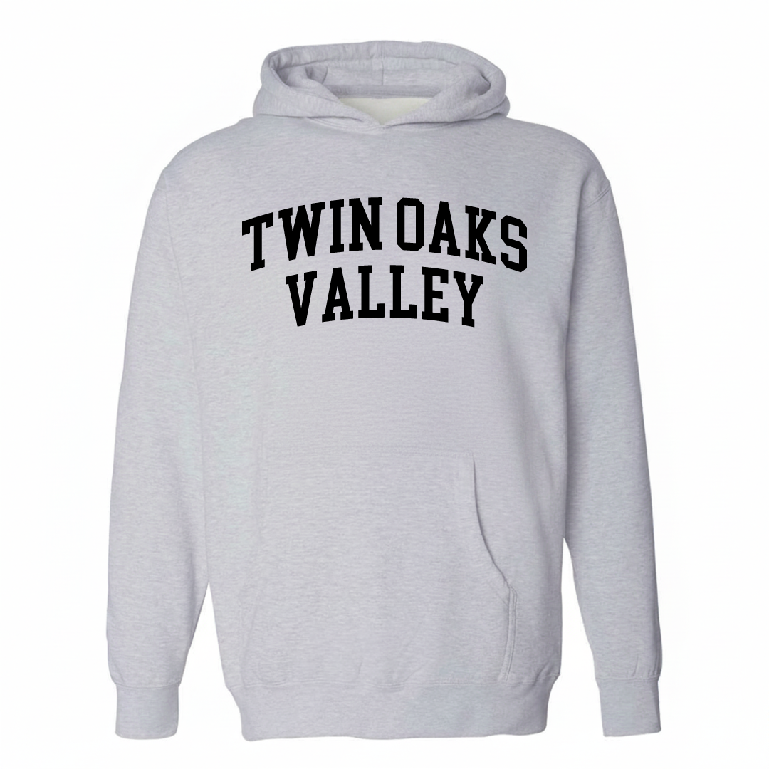Heather-gray hoodie with the Twin Oaks Valley arched lettering design on the chest.