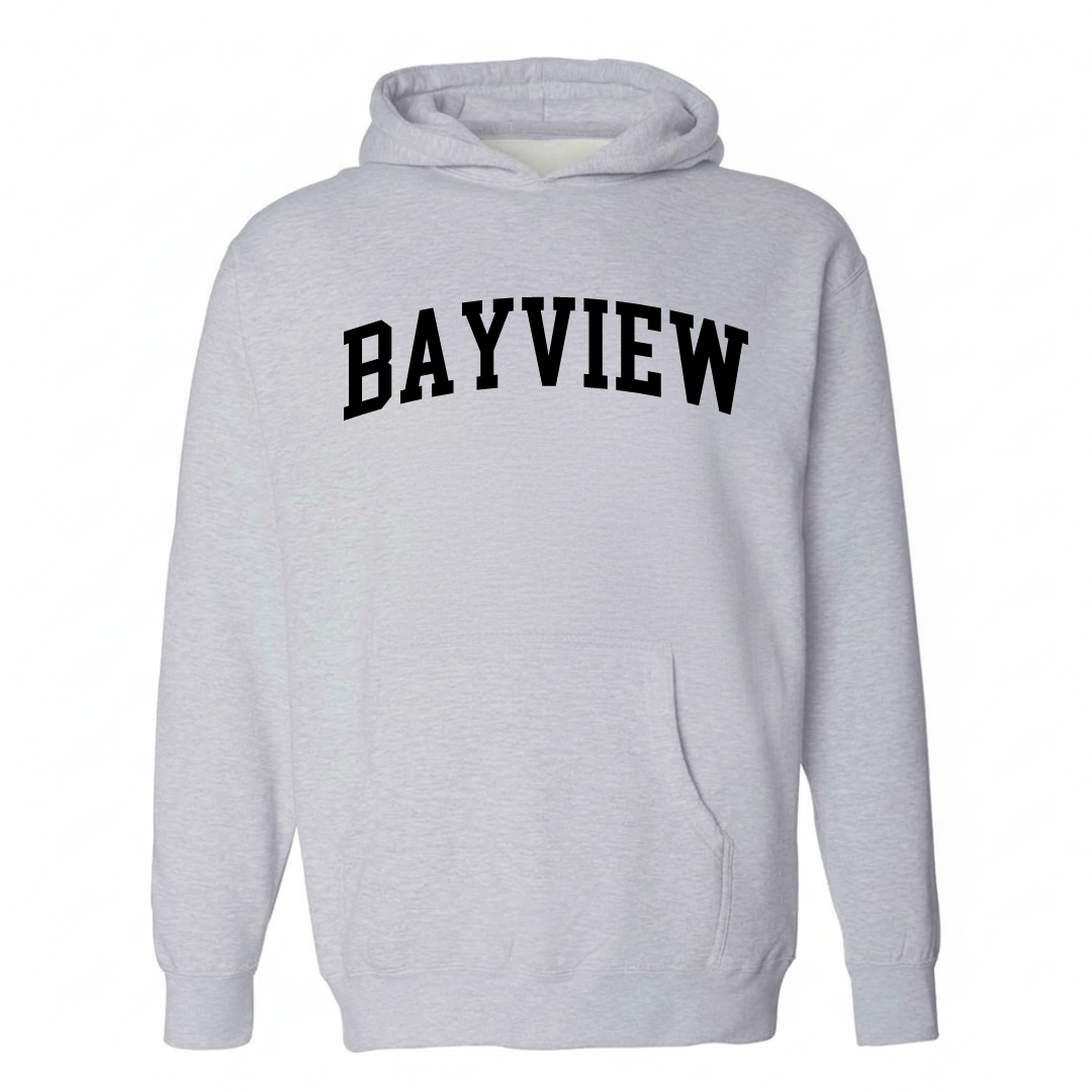 Heather-gray hoodie with the Bayview varsity arched lettering design on the chest.