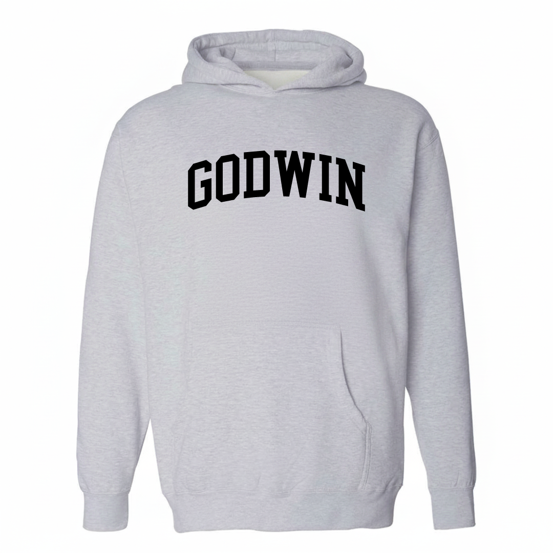 Heather-gray hoodie with the Godwin arched varsity lettering design on the chest.