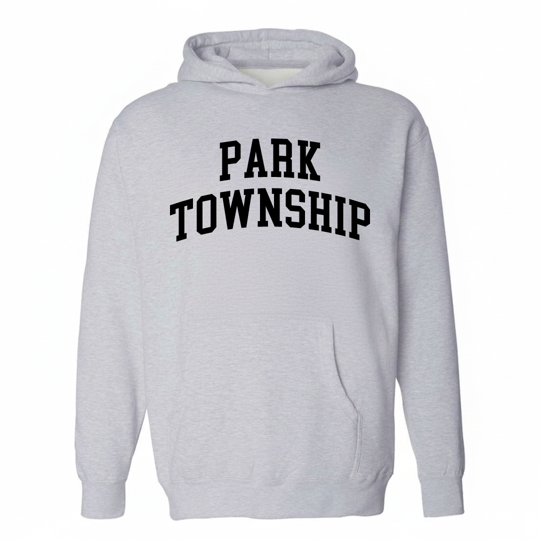 Heather-gray hoodie with the Park Township varsity arched lettering design on the chest.