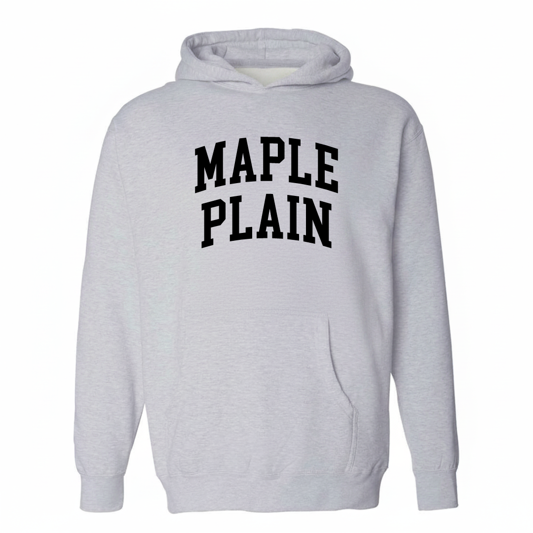 Heather-gray hoodie with the Maple Plain varsity arched lettering design on the chest.