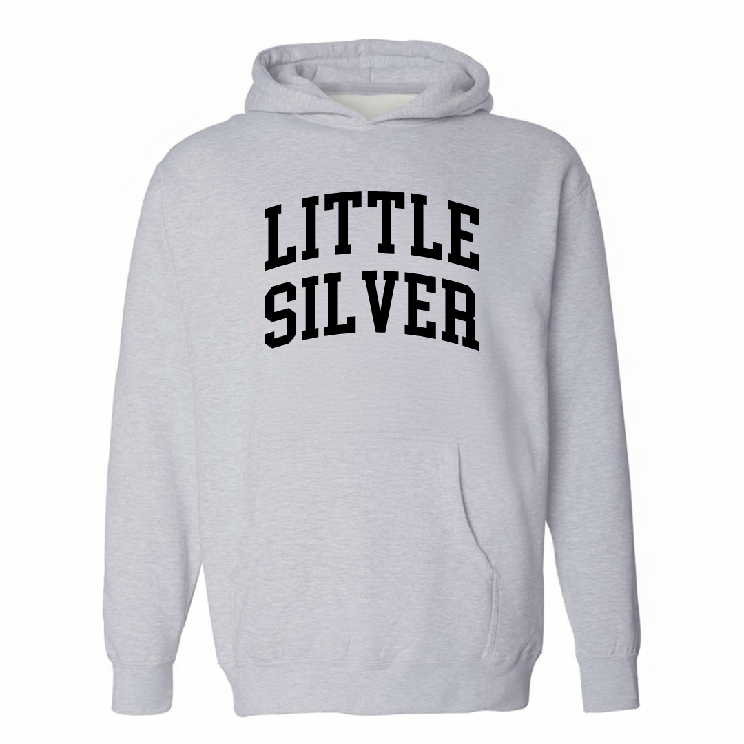Heather-gray hoodie with the Little Silver varsity arched lettering design on the chest.